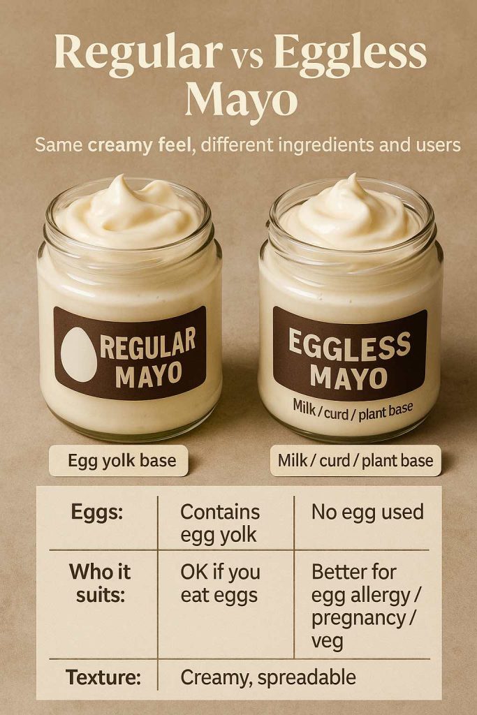 Side-by-side jars of regular mayo and eggless mayo with an infographic table comparing eggs, who each suits and texture, explaining the difference between classic mayonnaise and egg free mayonnaise.