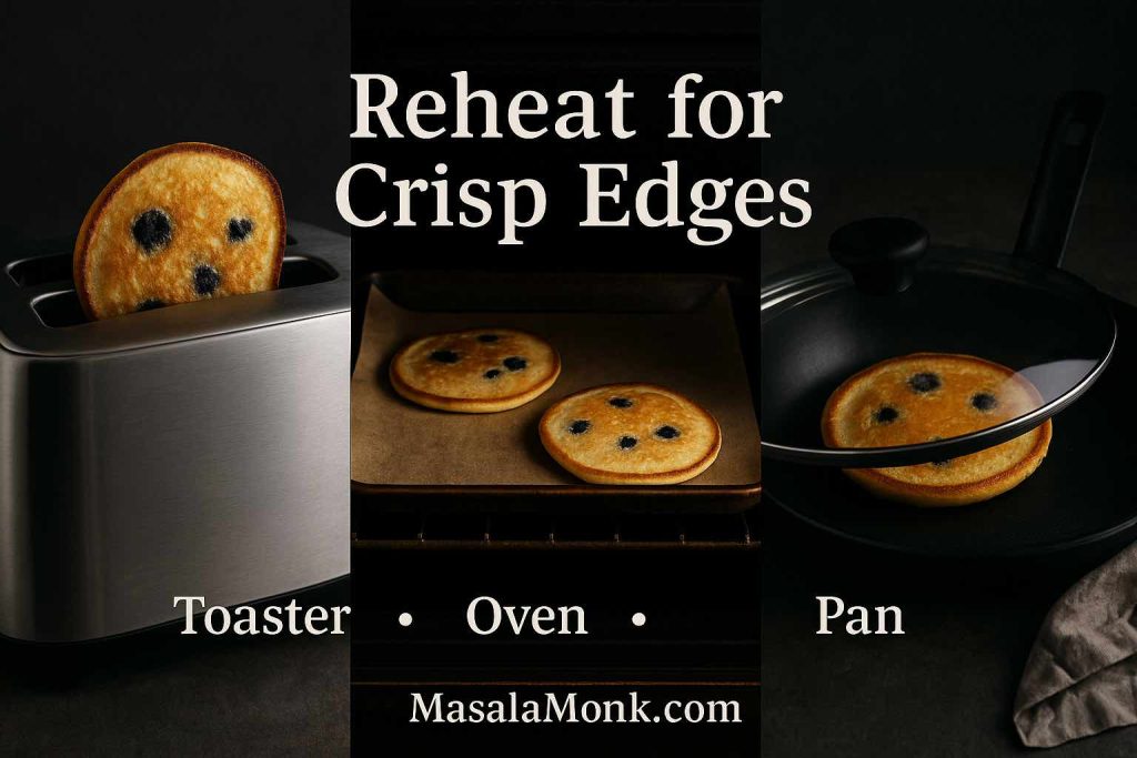 Portrait triptych image showing three ways to reheat blueberry pancakes—toaster, oven, and pan—featuring text overlay “Reheat for Crisp Edges,” method labels, and MasalaMonk.com in the footer.