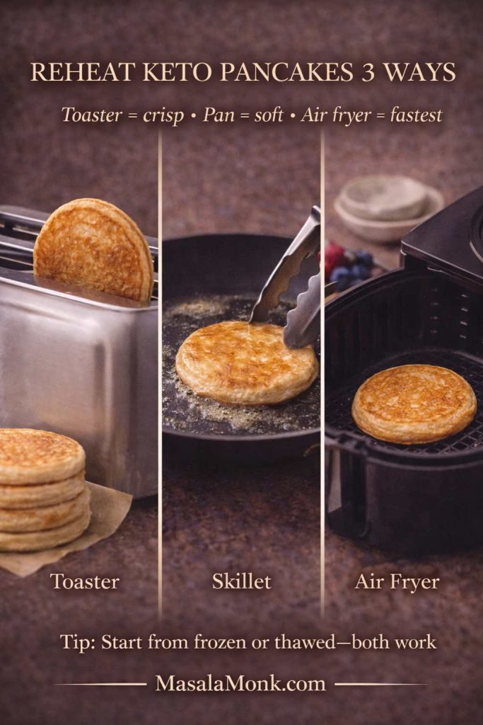 Reheat frozen keto pancakes based on the texture you want: the toaster crisps the edges, a skillet keeps them soft and buttery, and the air fryer warms them quickly without turning them soggy.