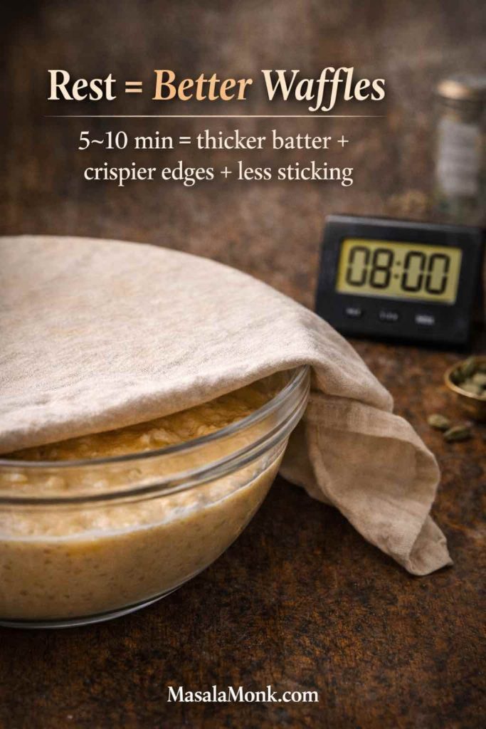Covered bowl of Belgian waffle batter resting for 5–10 minutes with a timer and cardamom, showing why resting batter helps crisp edges and reduces sticking.