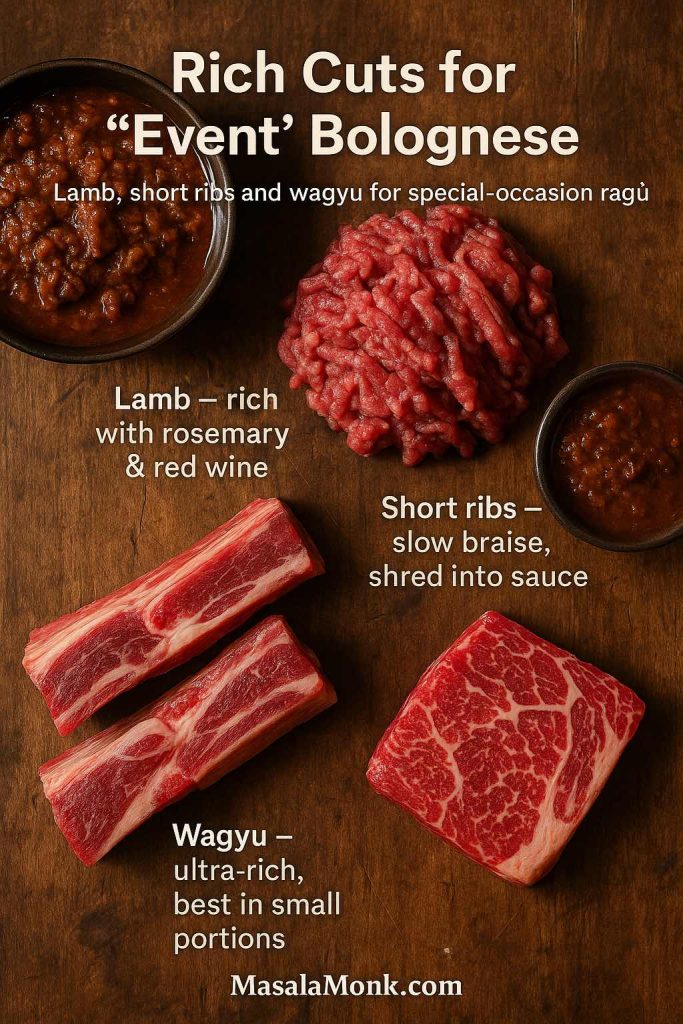 Portrait flat-lay of rich meat cuts for special-occasion bolognese on a wooden board, showing lamb mince, beef short ribs and a marbled wagyu steak with labels explaining how each works in a slow-braised ragù.