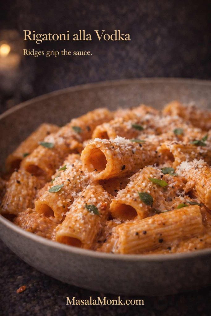 Close-up of rigatoni alla vodka coated in creamy tomato vodka sauce, topped with grated Parmesan and black pepper to show how ridges hold sauce.