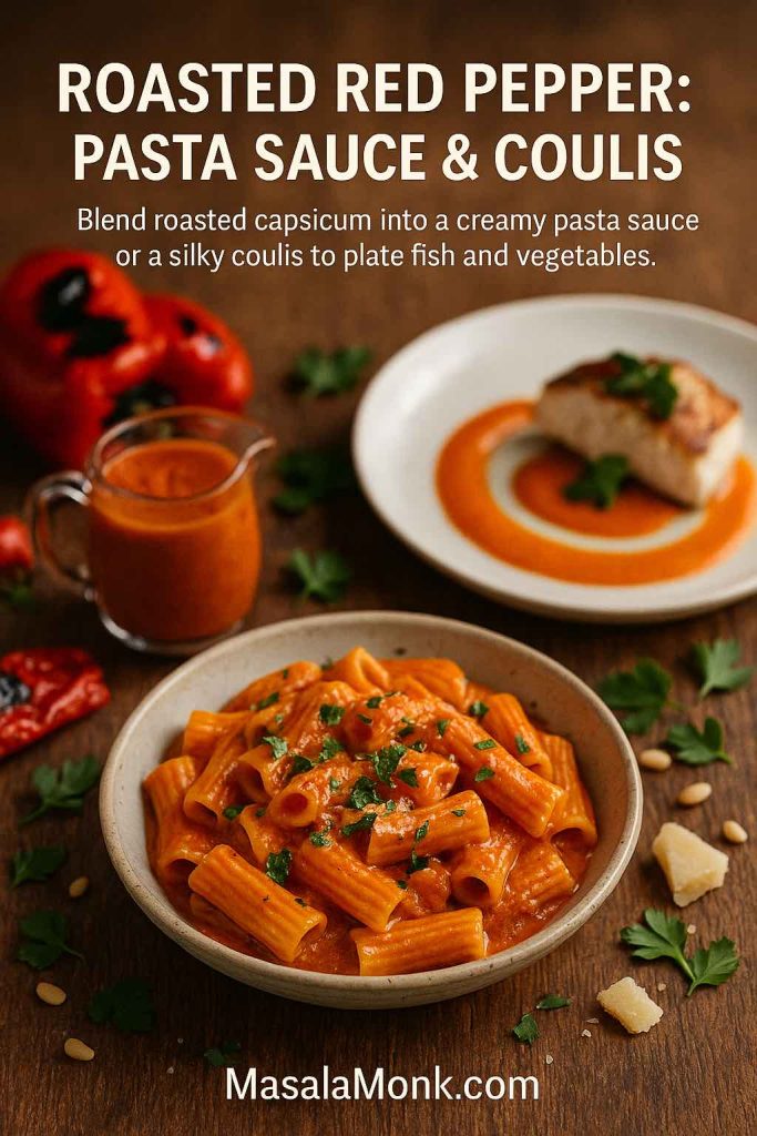 Bowl of pasta coated in creamy roasted red pepper sauce with herbs and cheese in the foreground, and a plate of grilled fish or vegetables on a smooth bell pepper coulis swirl in the background, with extra red pepper sauce and roasted peppers on a wooden table.