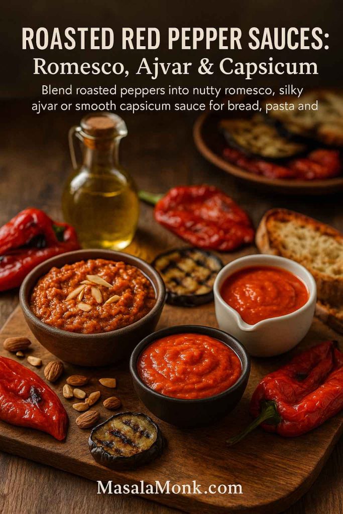 Three roasted red pepper sauces on a wooden board: chunky romesco with almonds, smooth ajvar spread and a silky roasted red capsicum sauce in a jug, surrounded by roasted red peppers, grilled eggplant, nuts, bread and olive oil with text about roasted red pepper sauces.