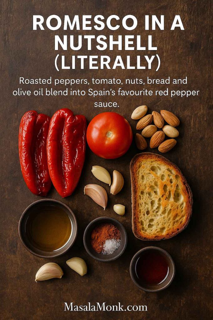 Overhead photo of ingredients for romesco sauce on a wooden background, including roasted red peppers, a tomato, almonds, garlic cloves, toasted bread, olive oil, vinegar and smoked paprika with text explaining the sauce.