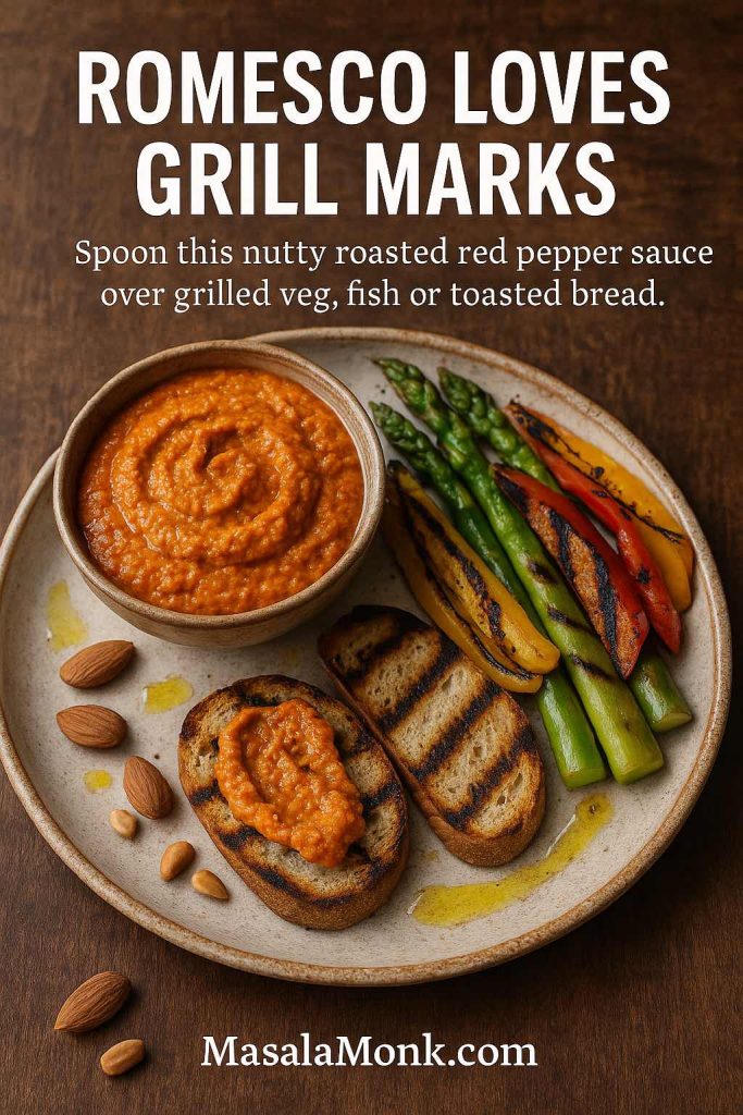 Plate with a bowl of thick romesco sauce, grilled asparagus and peppers, and toasted bread topped with the nutty roasted red pepper sauce, on a wooden table with the text ‘Romesco loves grill marks’.