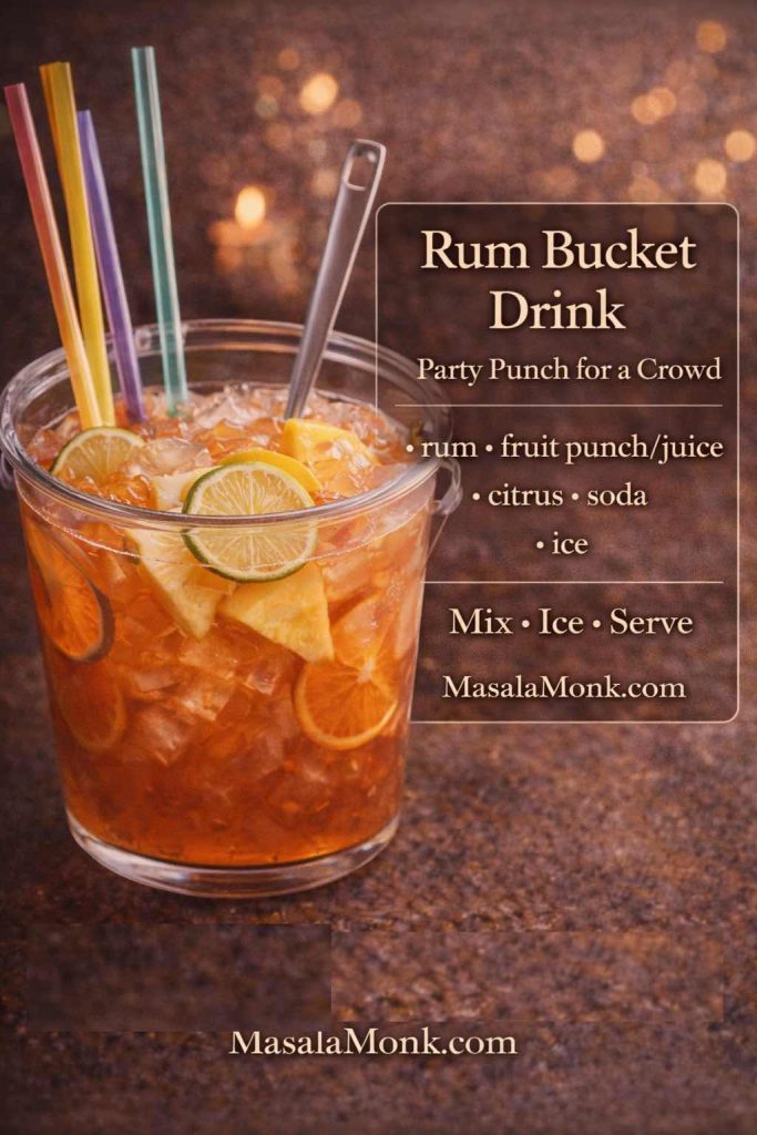 Rum bucket drink in a clear bucket with ice and citrus, featuring a recipe-card overlay for a rum bucket drink recipe with rum, fruit punch or juice, citrus, soda, and ice.