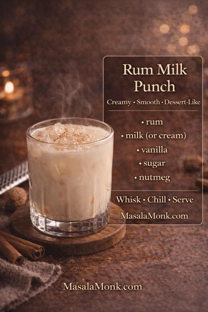 Rum milk punch in a rocks glass over ice with nutmeg, featuring a recipe-card overlay listing rum, milk or cream, vanilla, sugar, and nutmeg with “Whisk • Chill • Serve.”