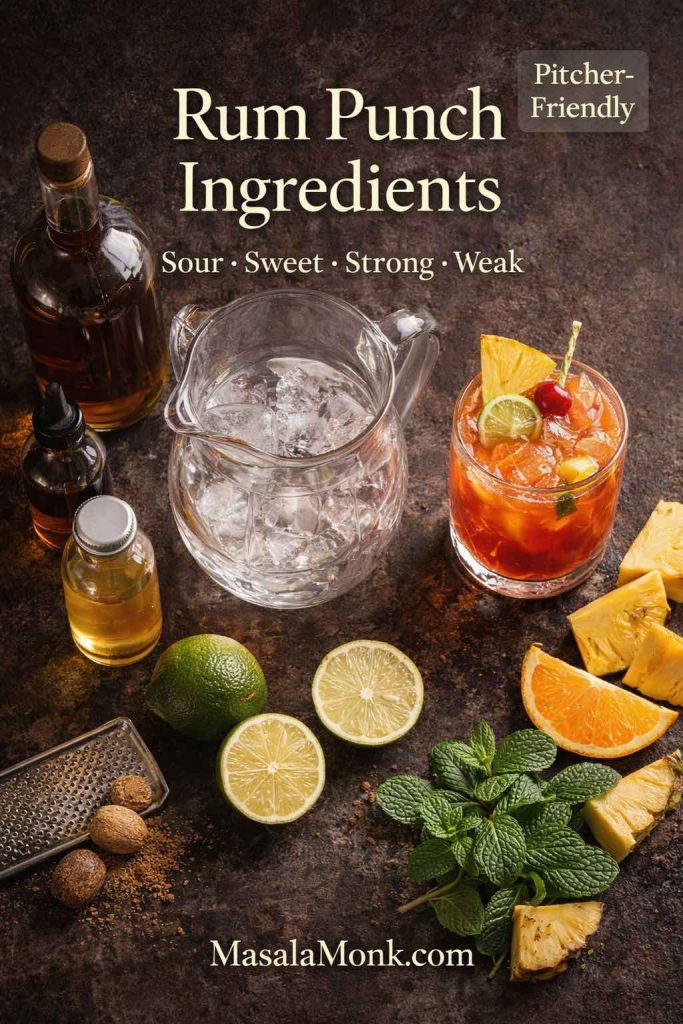 Flat lay of rum punch ingredients with limes, pineapple, mint, simple syrup, bitters, rum, and an ice-filled pitcher plus a finished rum punch drink labeled “Sour • Sweet • Strong • Weak.”