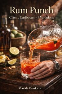 Classic Caribbean rum punch being poured from a crystal pitcher into an ice-filled glass with lime and pineapple, featuring “Rum Punch: Classic Caribbean + 9 Variations” cover text.
