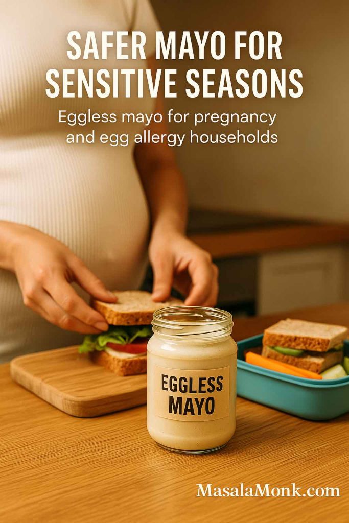 Pregnant woman assembling a sandwich beside a jar labelled eggless mayo and a child’s lunchbox, highlighting egg free mayonnaise as a safer option for pregnancy and egg allergy households.