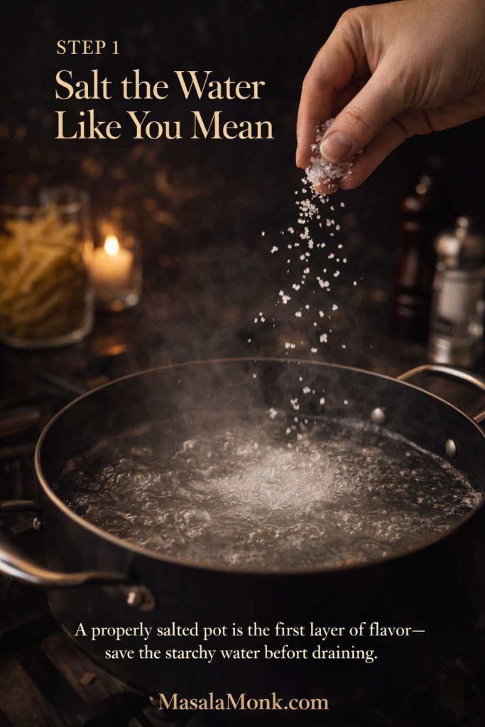 Hand sprinkling coarse salt into a steaming pot of boiling water before cooking pasta for penne alla vodka.
