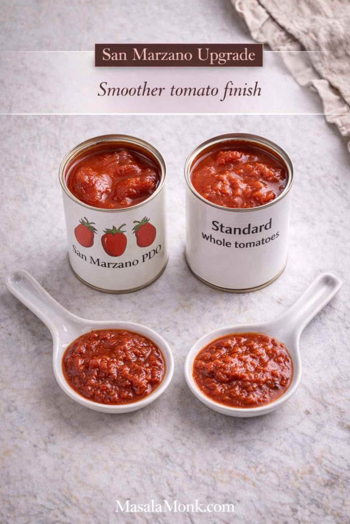 Comparison of San Marzano PDO tomatoes and standard whole tomatoes with two spoonfuls of marinara sauce, showing how tomato choice affects marinara texture and finish.