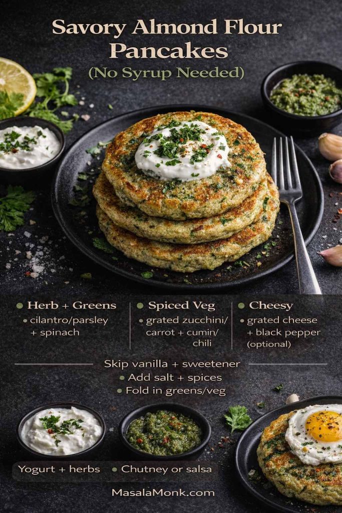 Savory almond flour pancakes guide with herb-and-greens, spiced veggie, and cheesy variations plus serving ideas like yogurt, chutney, or a fried egg.