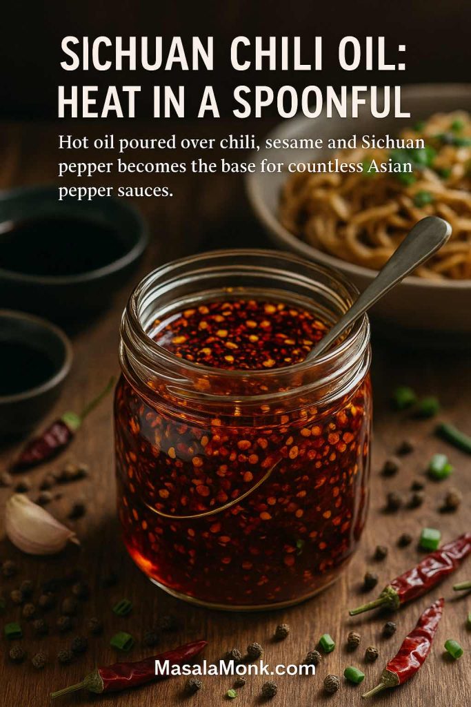 Jar of Sichuan chili oil with red oil, chili flakes and sesame seeds on a wooden table, surrounded by dried chilies, Sichuan peppercorns, garlic and a bowl of noodles in the background, with text describing ‘Sichuan Chili Oil: Heat in a Spoonful’.