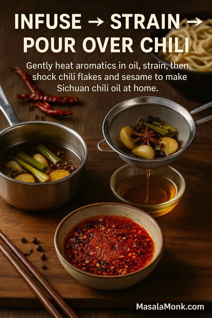 Process of making Sichuan chili oil showing a pan of oil with ginger, garlic and spring onions infusing, hot oil being strained through a sieve and a bowl of bright red chili oil with flakes and sesame seeds on a wooden table.
