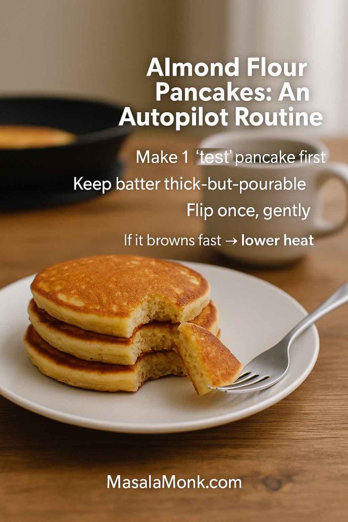 Simple almond flour pancakes on a plate with a quick routine checklist for a test pancake, thick-but-pourable batter, and flipping once gently.