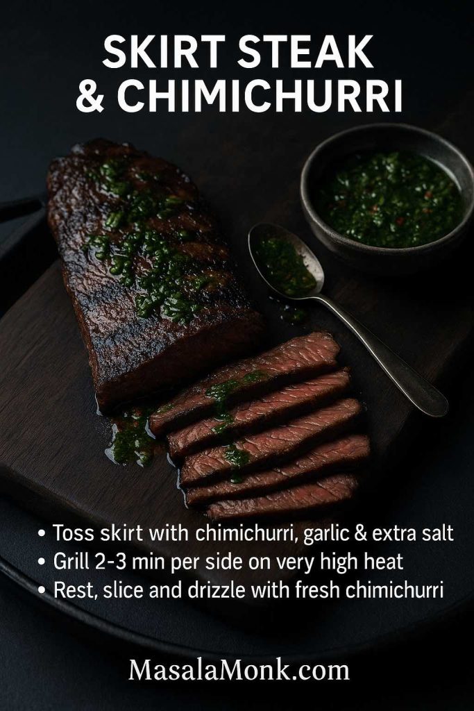 Portrait recipe card showing grilled skirt steak on a dark wooden board, sliced into thin strips and topped with green chimichurri sauce, with a small bowl of chimichurri and text explaining how to cook skirt steak with chimichurri.