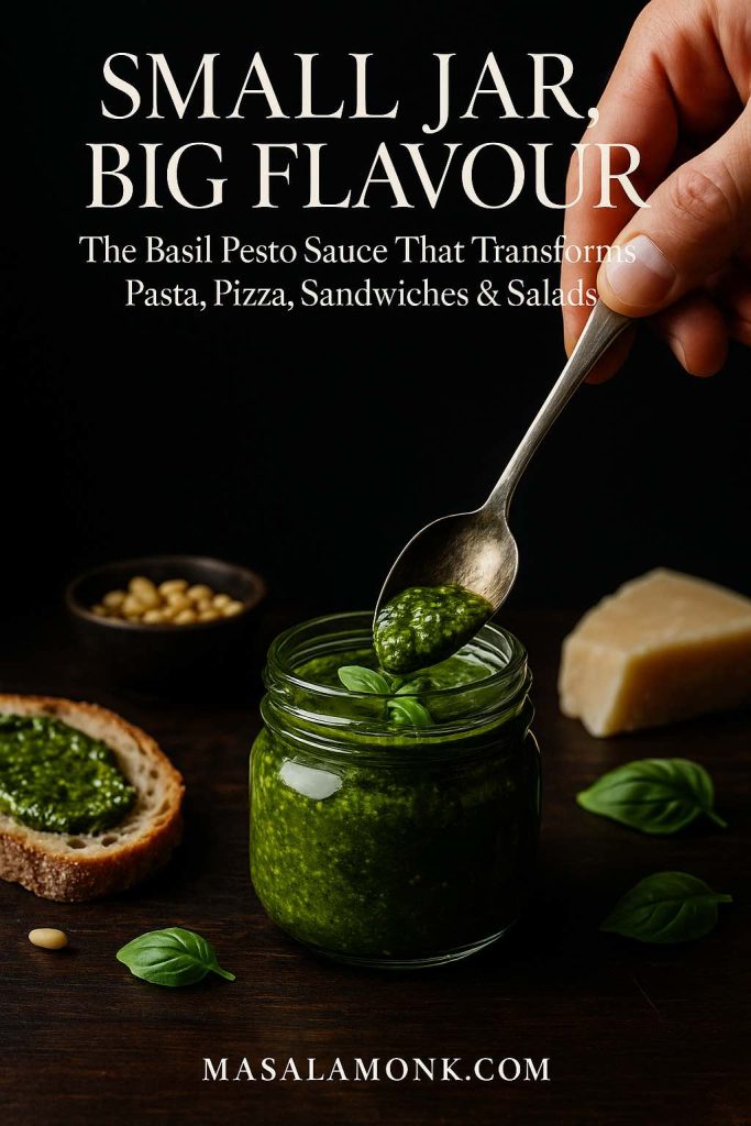 Spoon dipping into a small glass jar of basil pesto sauce with bread, cheese and basil on a dark wooden table.