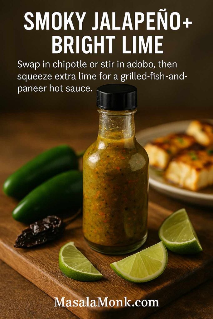 Bottle of smoky jalapeno and lime hot sauce on a wooden board with fresh jalapenos, dried chipotle chili, lime wedges and a plate of grilled paneer in the background.