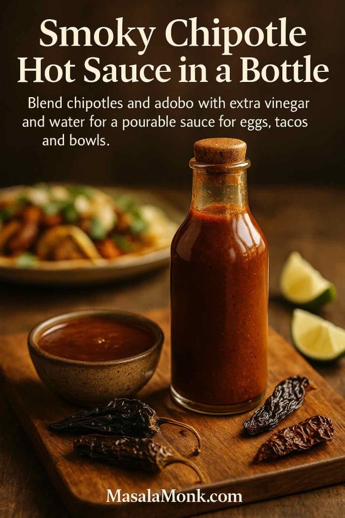 Bottle of dark smoky chipotle hot sauce on a wooden board with a bowl of sauce, dried chipotle chilies and lime wedges, with tacos blurred in the background.