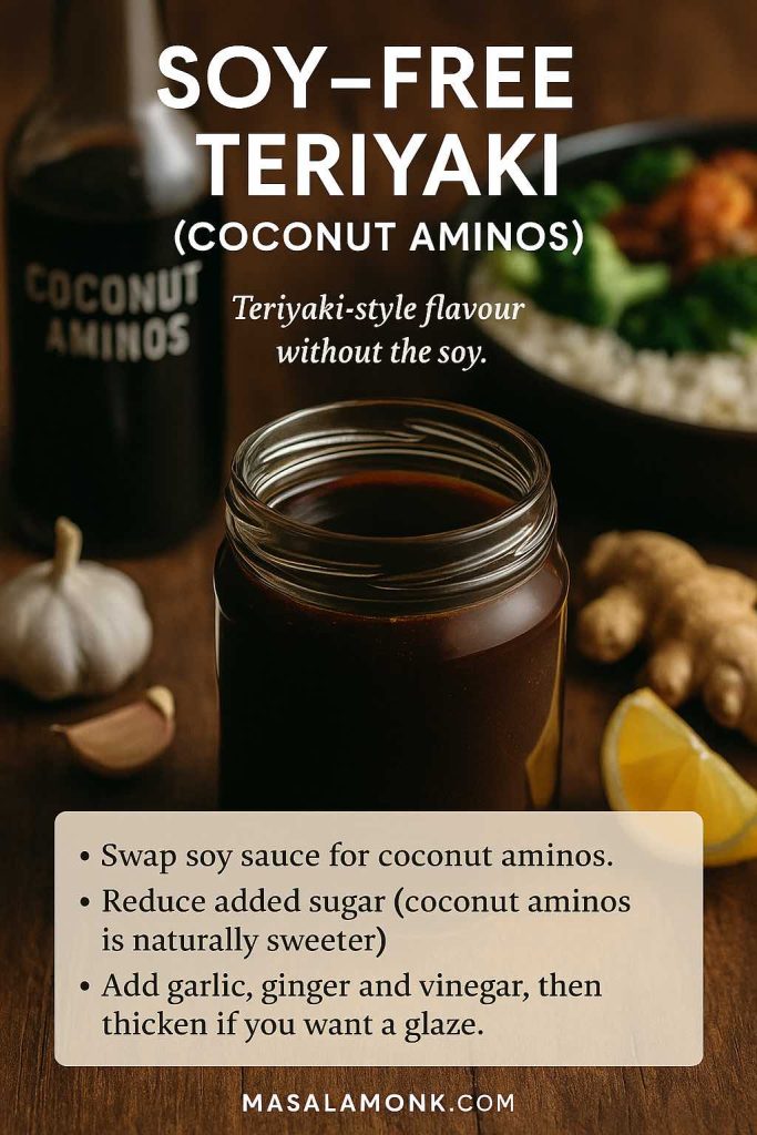 Vertical soy-free teriyaki guide card showing a jar of dark coconut aminos teriyaki sauce on a wooden table with a coconut aminos bottle, garlic, ginger and lemon in the background, plus text explaining how to swap soy sauce for coconut aminos and adjust sugar and acidity.