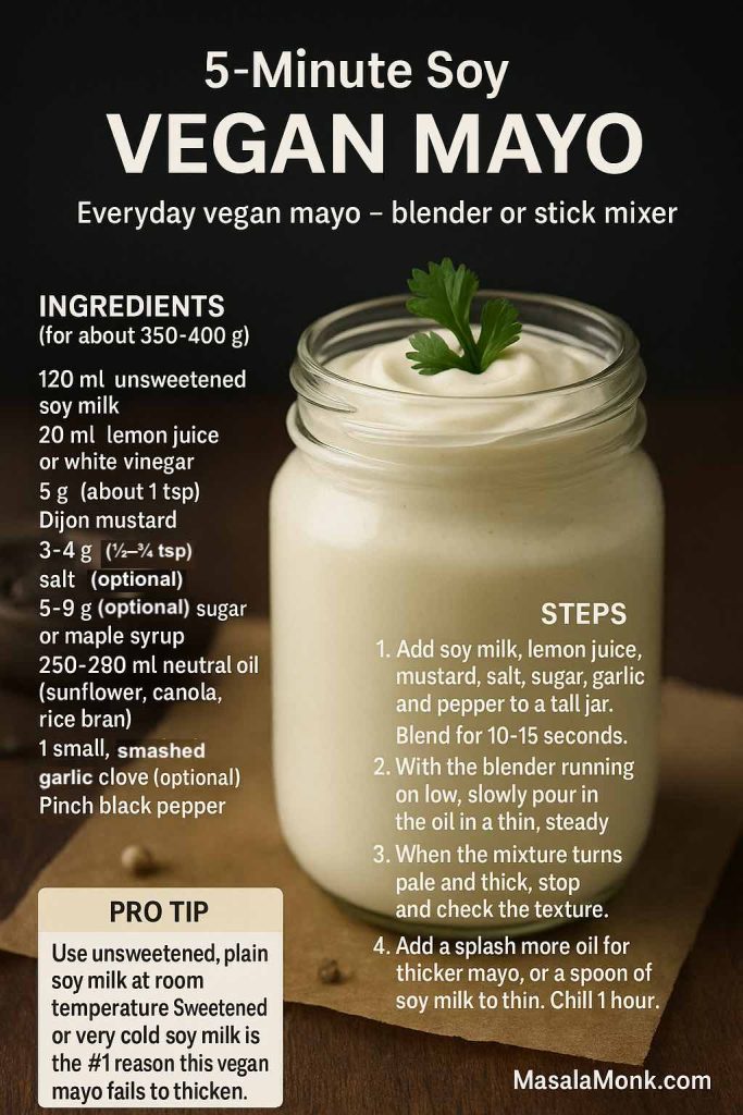 Recipe card for a 5-minute soy milk vegan mayo showing a jar of creamy plant-based mayonnaise with metric ingredients, quick blender steps and a pro tip about using unsweetened room-temperature soy milk.