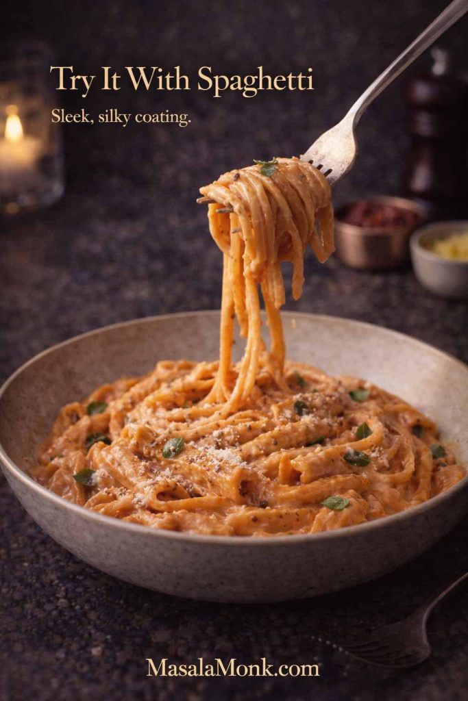 Fork-twirled spaghetti coated in creamy tomato vodka sauce, served in a bowl with grated Parmesan and herbs in a moody setting.