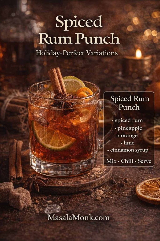 Spiced rum punch in a rocks glass with cinnamon and citrus, featuring a recipe-card overlay for spiced rum punch ingredients and “Mix • Chill • Serve.”