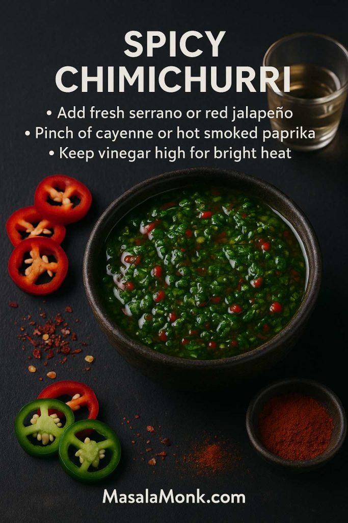 Portrait recipe card showing a dark bowl of spicy green chimichurri sauce on a black surface, surrounded by sliced red and green chilies, chili flakes, cayenne powder and a glass of vinegar, with text explaining how to make spicy chimichurri.