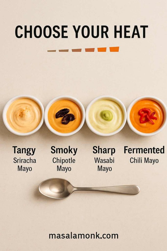 Spicy mayo heat ladder showing sriracha mayo, chipotle mayo, wasabi mayo, and fermented chili mayo in ramekins.