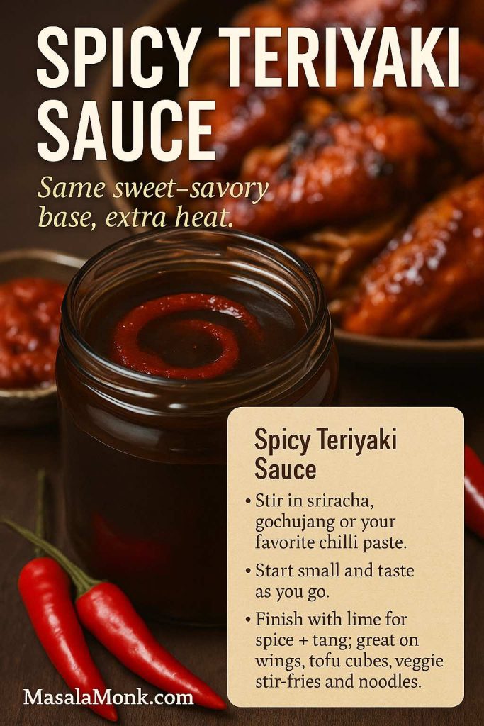 Vertical recipe card showing a jar of spicy teriyaki sauce with a swirl of red chilli paste on top, fresh red chillies and teriyaki wings in the background, plus text explaining how to add sriracha or gochujang and use the sauce on wings, tofu, veggie stir-fries and noodles.