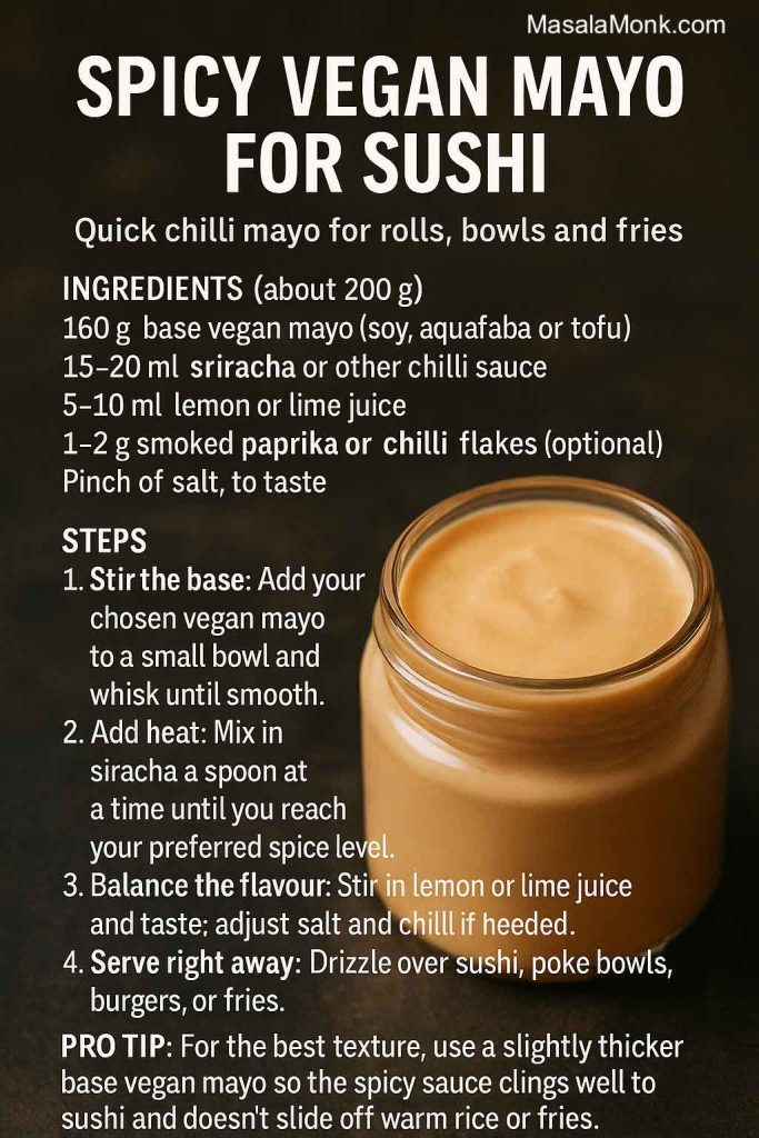 A spicy vegan mayo for sushi recipe card showing a jar of creamy orange chilli mayo with metric ingredients, simple mixing steps and a pro tip about using a thicker vegan mayo base so the sauce clings to rolls, poke bowls and fries.