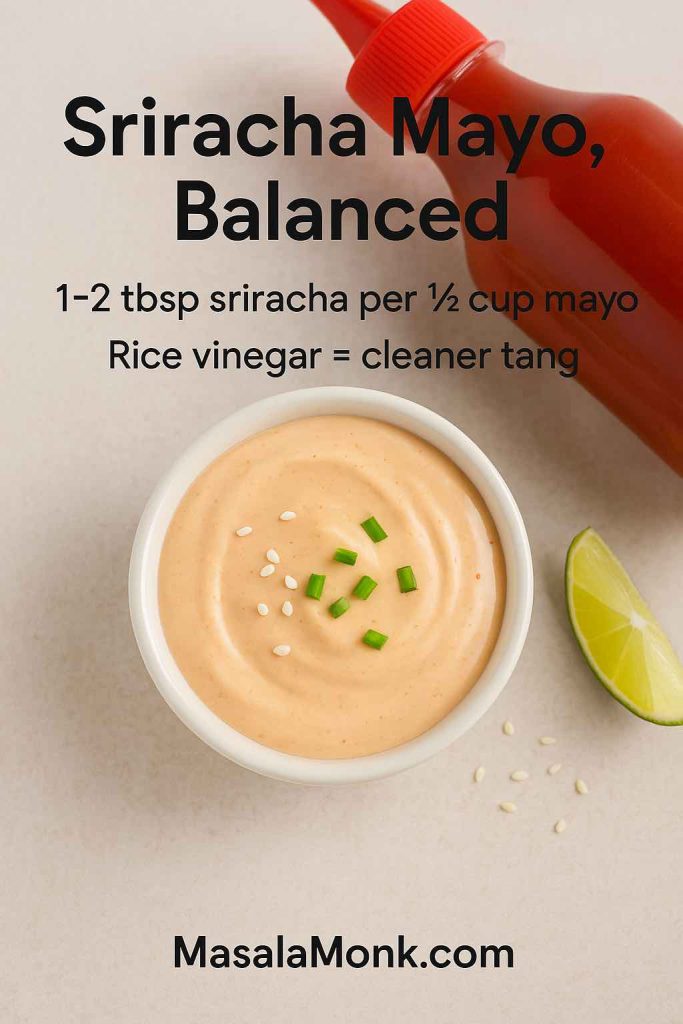 Sriracha mayonnaise recipe card showing mayo and sriracha ratio with rice vinegar for a cleaner tang.