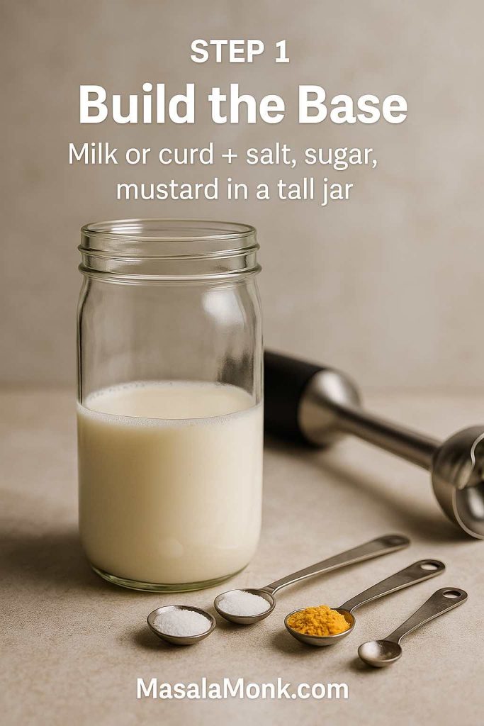 Tall glass jar half filled with milk or curd beside measuring spoons of salt, sugar and mustard with an immersion blender, showing step 1 of an eggless mayonnaise recipe.