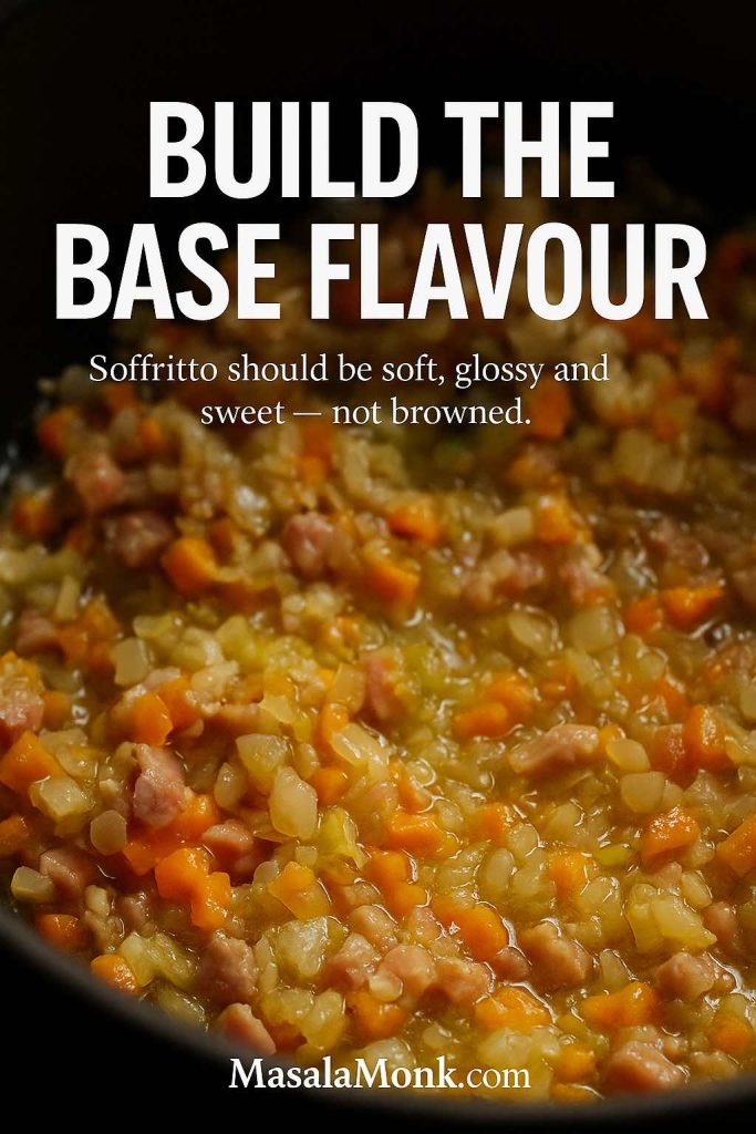 Close-up of soffritto for authentic bolognese, with onion, carrot, celery and pancetta cooking until soft and glossy in a pot, showing the base flavour being built without browning.