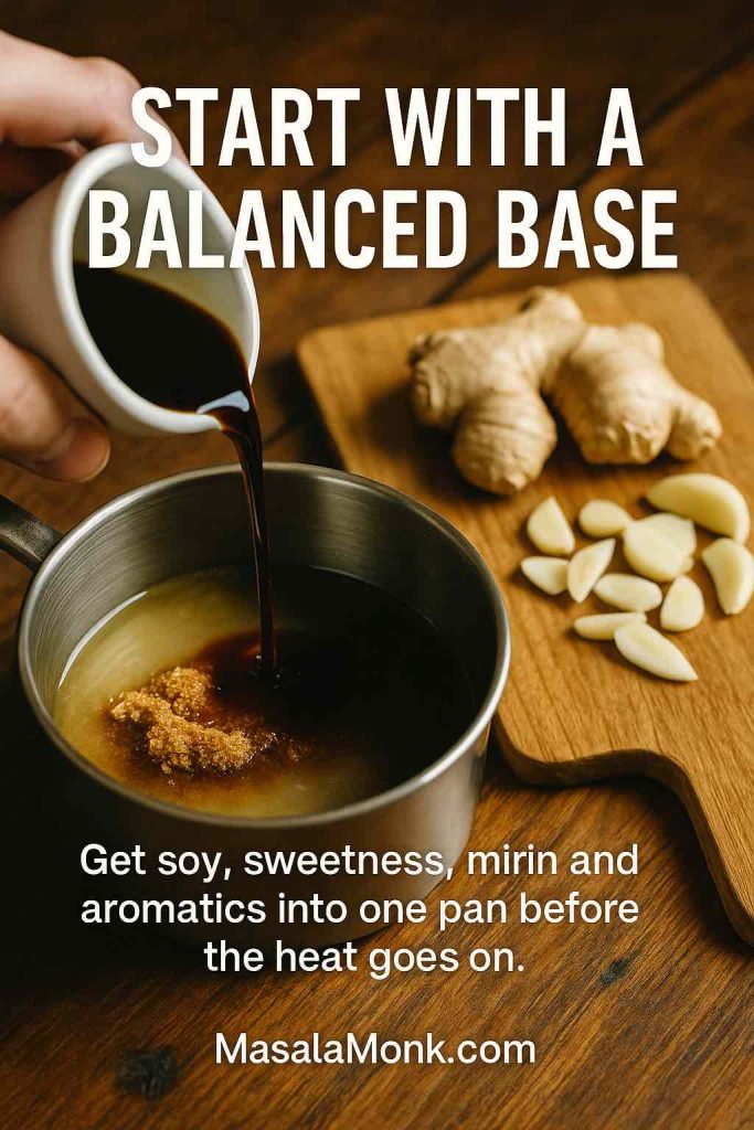 Hand pouring soy sauce into a saucepan filled with liquid and brown sugar, with sliced garlic and fresh ginger on a cutting board, showing the base ingredients for homemade teriyaki sauce.