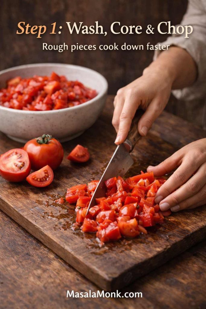 Hands chopping fresh tomatoes into rough chunks for tomato sauce from fresh tomatoes, with chopped tomatoes in a bowl behind.