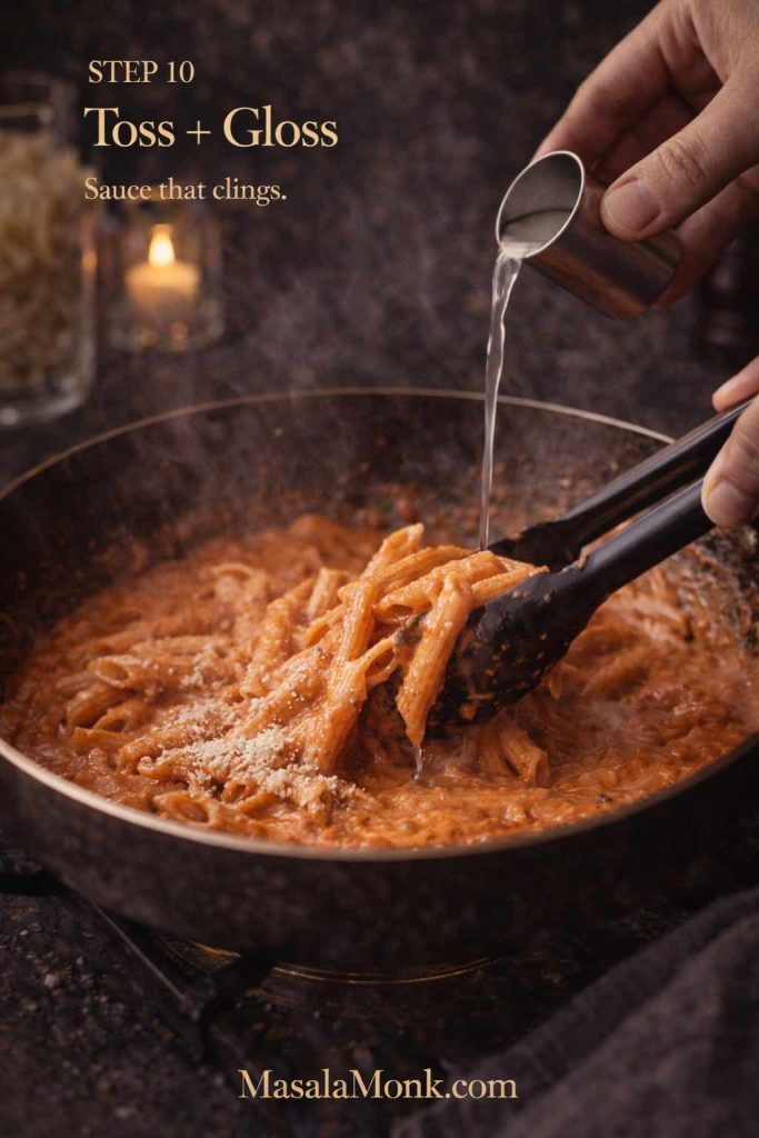 Starchy pasta water being poured into a pan of creamy tomato vodka sauce while pasta is tossed with tongs to create a glossy coating.