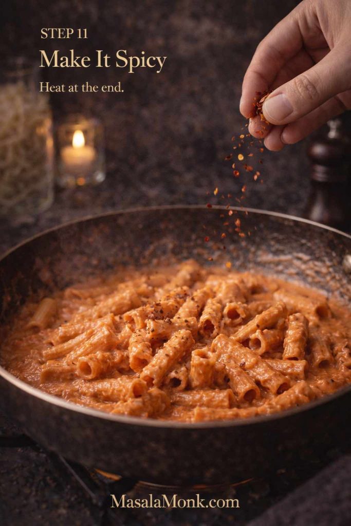 Hand sprinkling chilli flakes over creamy rigatoni in tomato vodka sauce in a skillet to adjust spice at the end.