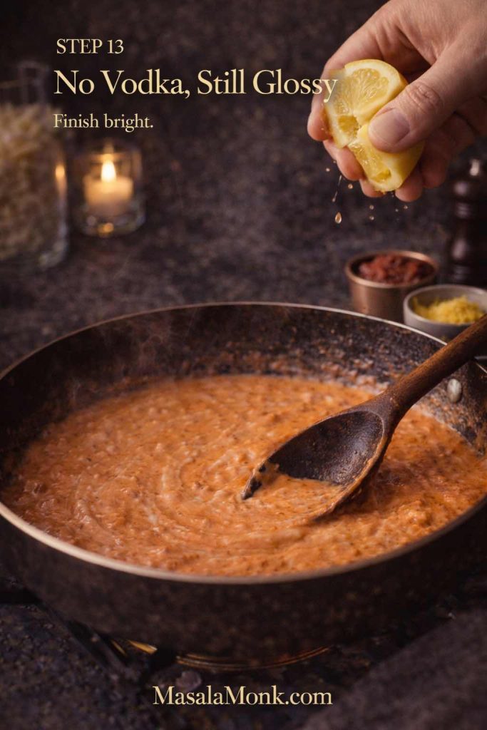 Creamy tomato sauce in a skillet being finished with a squeeze of lemon, showing a no-vodka option for a bright, glossy pasta sauce.