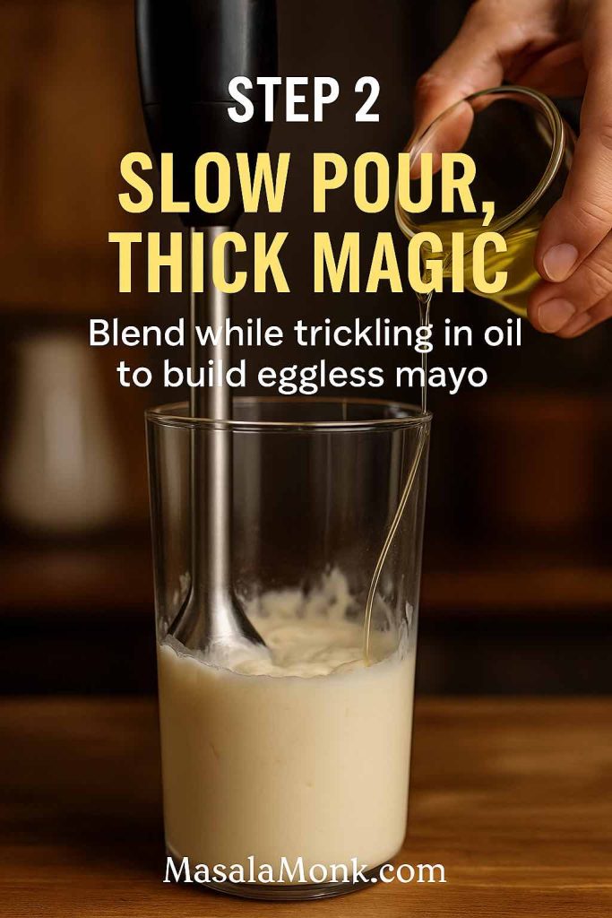 Immersion blender working inside a tall jar while oil is poured in a thin stream, showing step 2 of making eggless mayonnaise by slowly emulsifying the mixture.