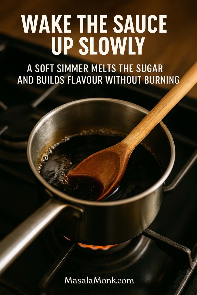 Teriyaki sauce gently simmering in a small saucepan with tiny bubbles at the edges and a wooden spoon stirring, showing how to melt the sugar and infuse flavour without boiling hard.