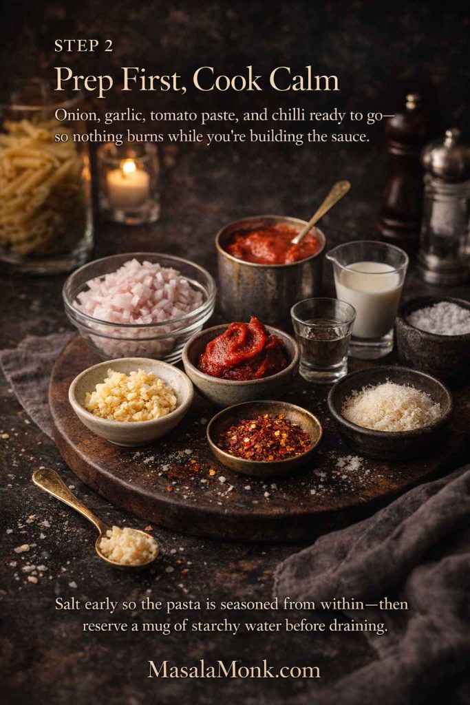 Prepped ingredients for penne alla vodka—chopped onion, minced garlic, tomato paste, chilli flakes, cream, vodka, and grated Parmesan arranged on a dark countertop.