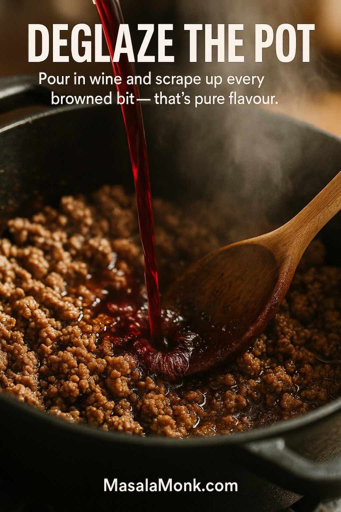 Close-up of red wine being poured into a pot of browned minced meat for authentic bolognese, with steam rising as a wooden spoon scrapes up the browned bits to deglaze the pan.