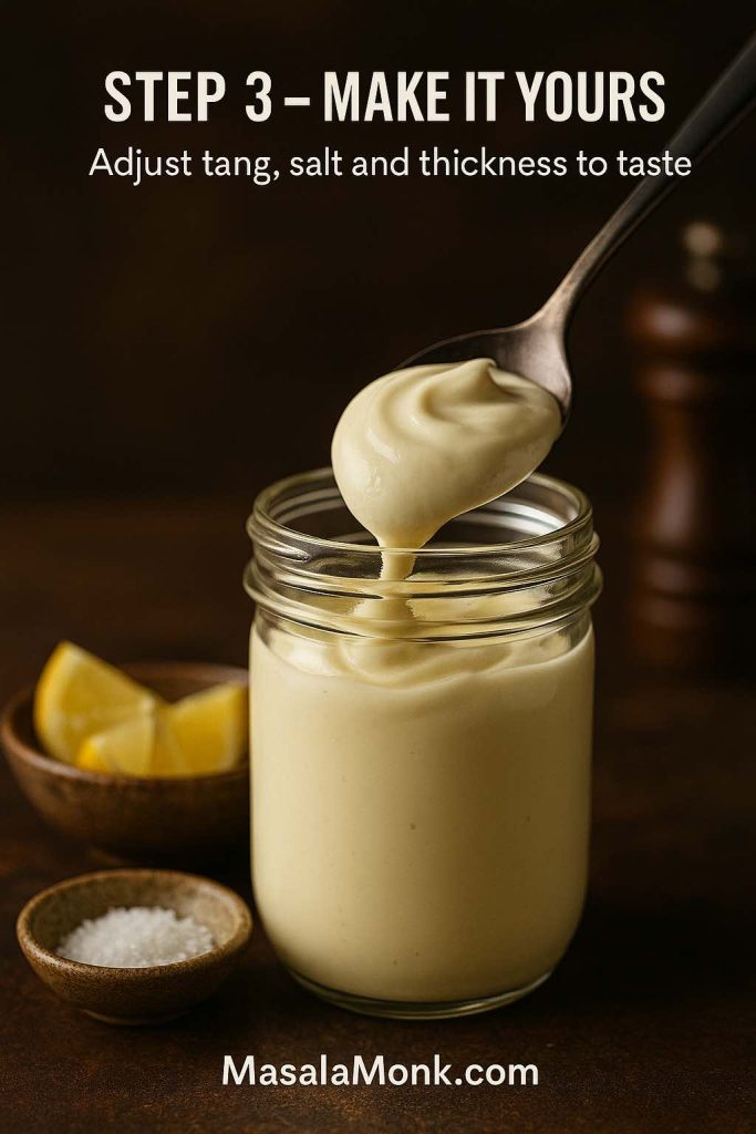 Spoon lifting a glossy dollop of eggless mayonnaise from a glass jar with lemon wedges and a small bowl of salt nearby, showing step 3 of adjusting flavour and thickness.