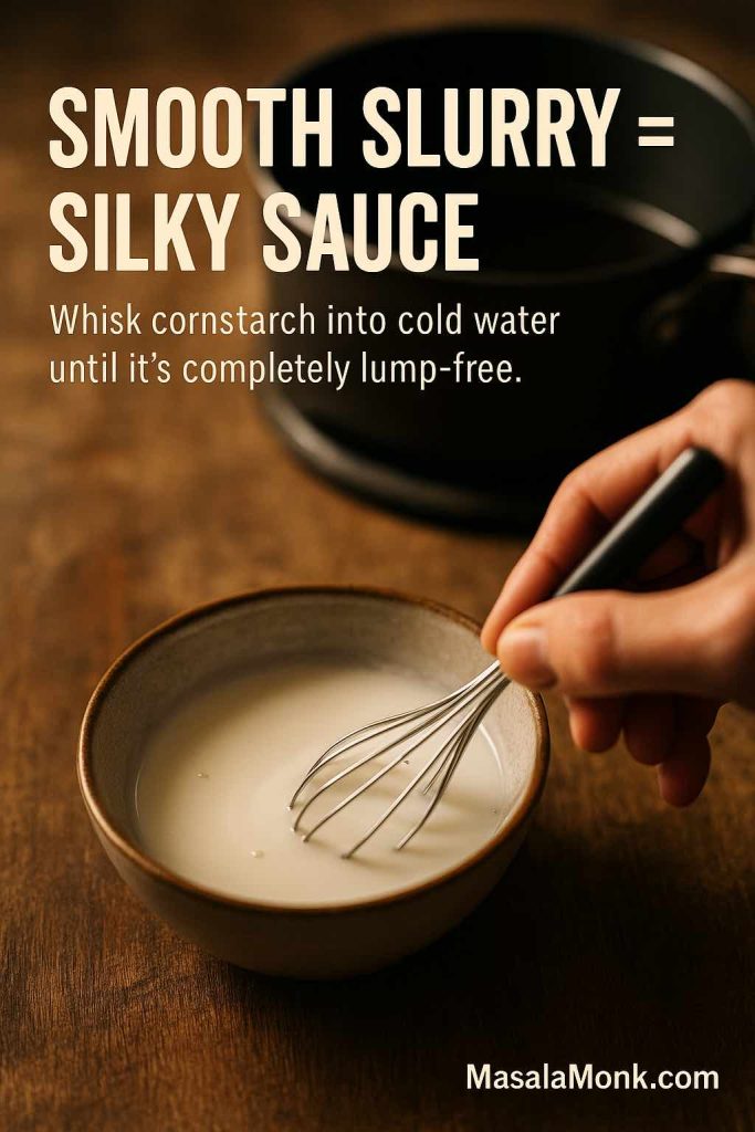 Hand whisking cornstarch and cold water into a smooth slurry in a small ceramic bowl on a wooden counter, with a saucepan blurred in the background, showing how to prepare a lump-free thickener for teriyaki sauce.