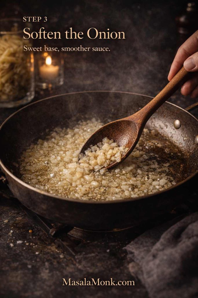 Chopped onions gently sautéing in olive oil in a skillet, stirred with a wooden spoon to build the base for penne alla vodka sauce.