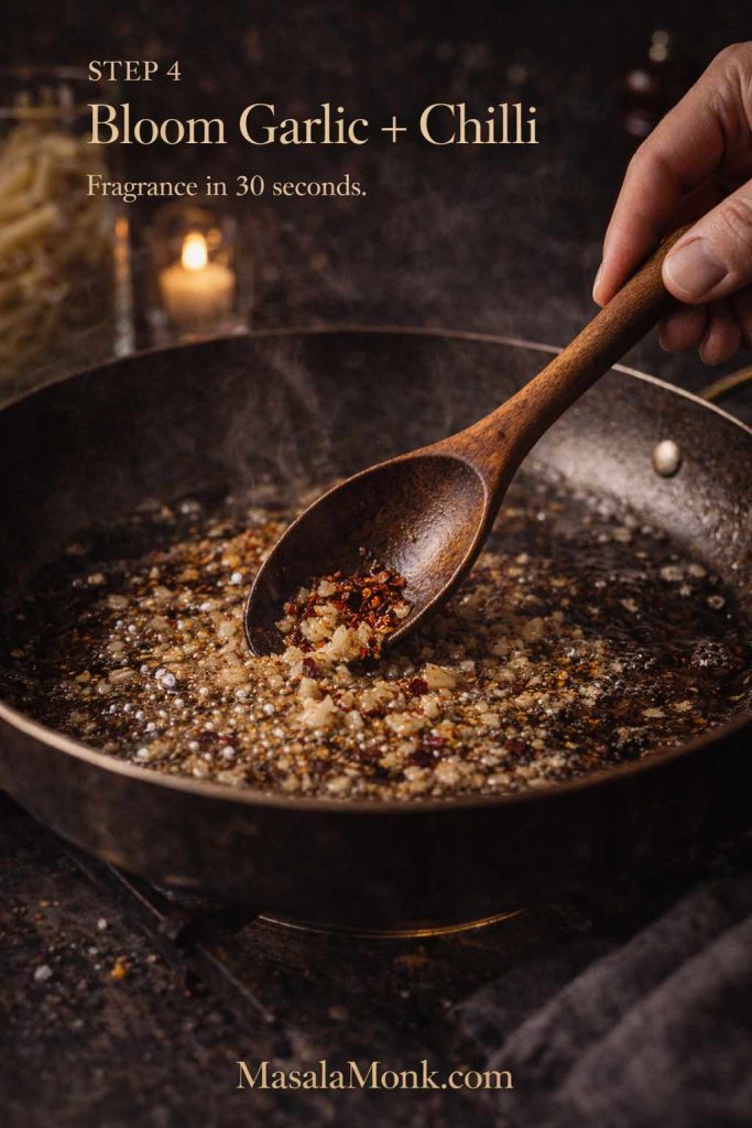 Minced garlic and red chilli flakes sizzling in olive oil in a skillet, stirred quickly to release aroma without browning.