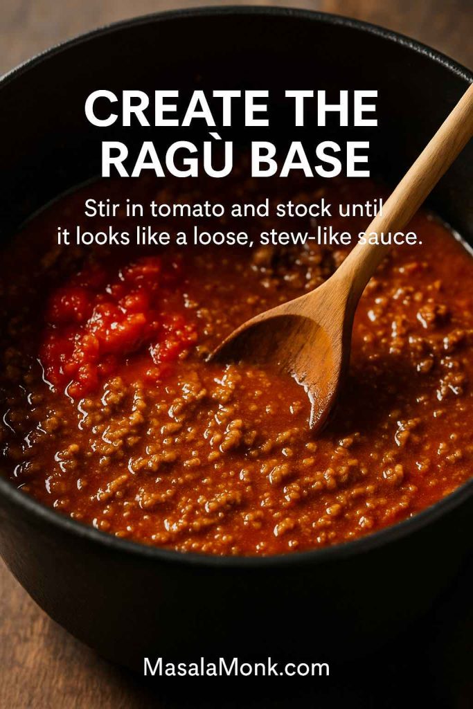 Close-up of an authentic bolognese ragù base in a pot, with browned meat stirred into tomato and stock so the sauce looks loose and stew-like, not yet thickened.